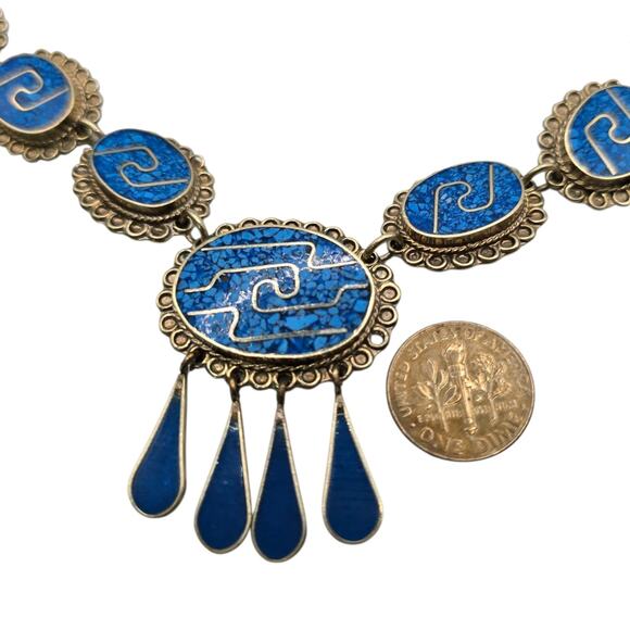 Alpaca Taxco Mexico Necklace Earrings Set Turquoise Inlay As Found Unpolished - Picture 5 of 15